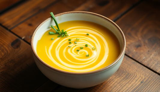 Egg Drop Soup. Bowl of creamy lightly creamy yellow soup swirled with white egg and sprinkled with chopped green onion