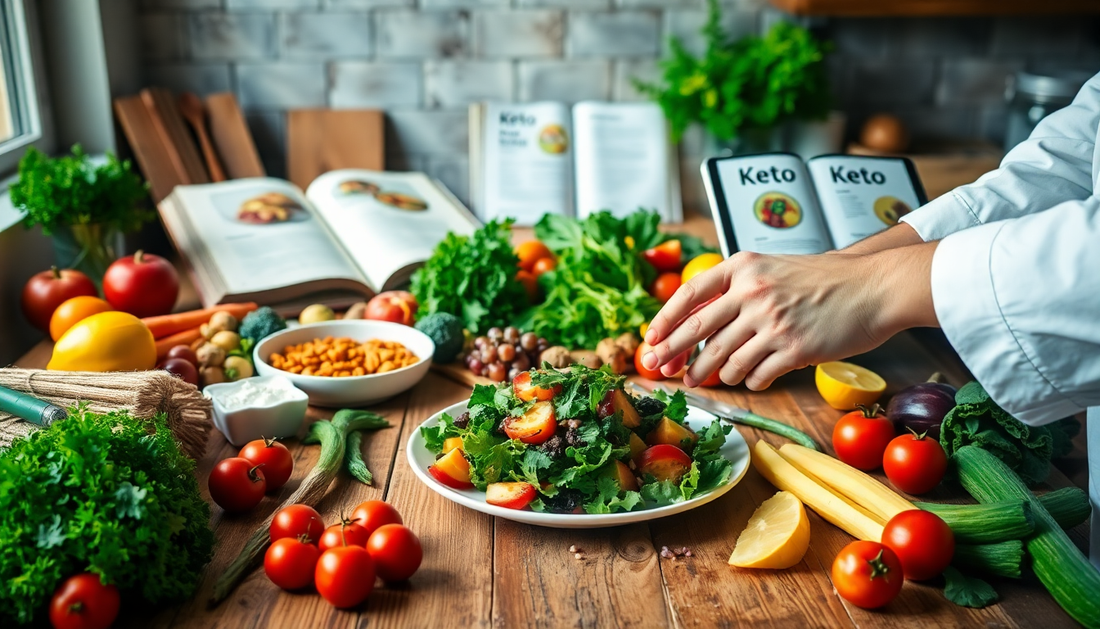 hands preparing fresh vegetables on a wooden cutting board with keto recipe books in the background