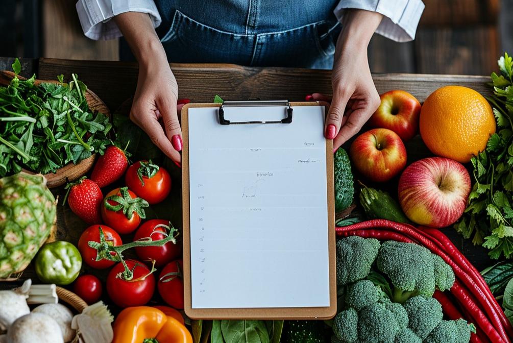 Woman's hands with red painted fingernails holding a blank page on a clipboard over top of a variety of colourful vegetables. 